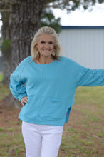 Load image into Gallery viewer, BucketList Solid Color Top with Contrast Stitch Details in Sky Blue Shirts &amp; Tops Bucketlist   
