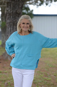 BucketList Solid Color Top with Contrast Stitch Details in Sky Blue Shirts & Tops Bucketlist   