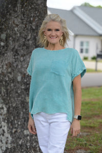 Easel Cotton Gauze Boxy Top in Atlantis Green Shirts & Tops Easel   