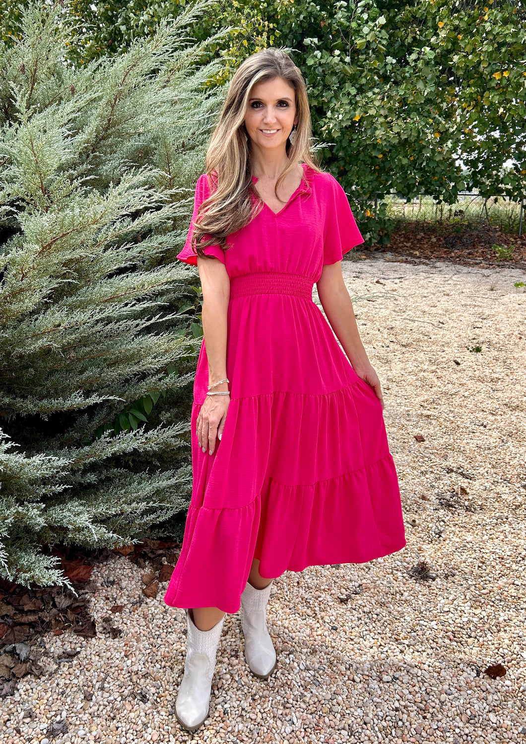 Haptics Solid Color Fit and Flare Maxi Dress in Fuchsia