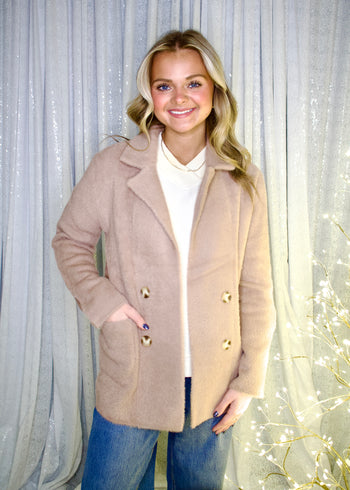 be cool Solid Color Fuzzy Knit Cardigan in Mocha Mousse