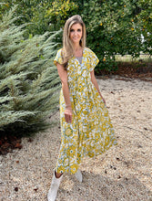 Load image into Gallery viewer, Umgee Floral Print V Neck Midi Dress in Mustard Mix
