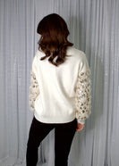 FATE Knit Sweater with Sequin and Faux Feather Sleeves in Cream