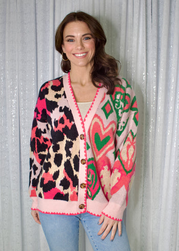 FATE Mixed Pattern Knit Cardigan with Scalloped Edge Details in Pink Multi