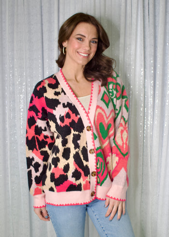 FATE Mixed Pattern Knit Cardigan with Scalloped Edge Details in Pink Multi