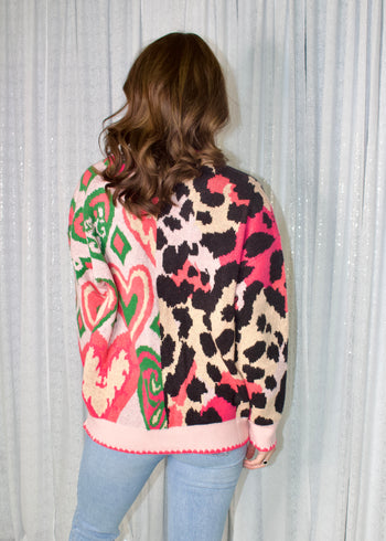 FATE Mixed Pattern Knit Cardigan with Scalloped Edge Details in Pink Multi