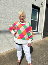 Load image into Gallery viewer, Davi &amp; Dani Multi Colored Diamond Pattern Knit Sweater in Pink Orange
