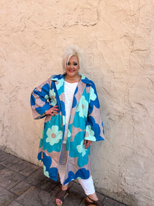 Davi & Dani Bold Retro Floral Print Jacket in Teal Green