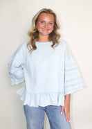 Easel Mineral Washed Terry Knit Ruffle Detailed Top in Sky Blue