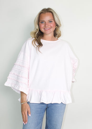 Easel Mineral Washed Terry Knit Ruffle Detailed Top in Cotton Pink