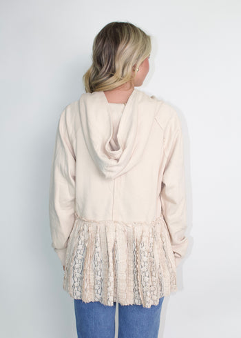 Easel Mixed Lace Open Front Tie Hooded Cardigan in Khaki