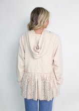 Load image into Gallery viewer, Easel Mixed Lace Open Front Tie Hooded Cardigan in Khaki
