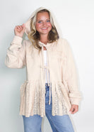 Easel Mixed Lace Open Front Tie Hooded Cardigan in Khaki
