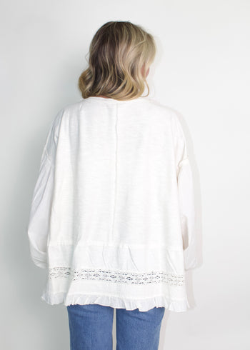 Easel Cotton Top with Mixed Lace Ruffle Hem in Natural