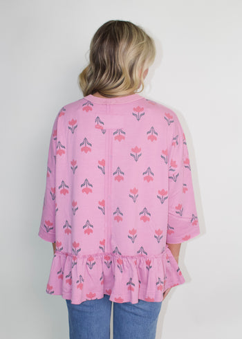 Easel Floral Print Terry Knit Top in Dusty Rose