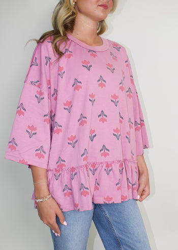 Easel Floral Print Terry Knit Top in Dusty Rose