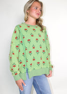 Easel French Terry Vintage Floral Print Sweatshirt in Apple Green