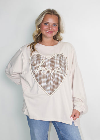 Easel Love Heart Patched Front Top in Ecru