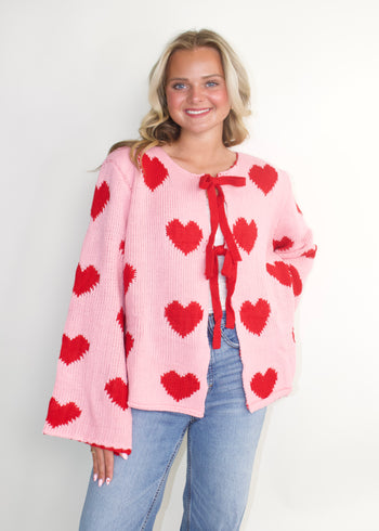 LovLov Sweetheart Tie Front Cardigan in Rose Pink