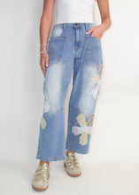 Load image into Gallery viewer, Easel Flower Patched Denim Barrel Pants in Washed Denim
