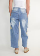 Easel Flower Patched Denim Barrel Pants in Washed Denim