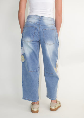 Easel Flower Patched Denim Barrel Pants in Washed Denim