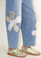 Easel Flower Patched Denim Barrel Pants in Washed Denim