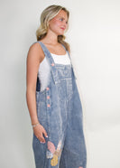 Easel OVERSIZED Corduroy Flower Patched Overalls in Denim
