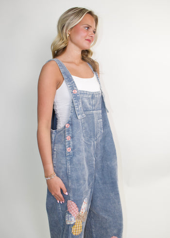 Easel OVERSIZED Corduroy Flower Patched Overalls in Denim
