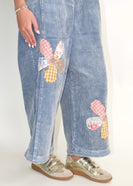 Easel OVERSIZED Corduroy Flower Patched Overalls in Denim