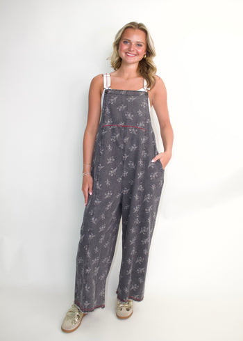 Easel OVERSIZED Denim Floral Printed Overalls in Black Denim