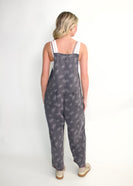 Easel OVERSIZED Denim Floral Printed Overalls in Black Denim