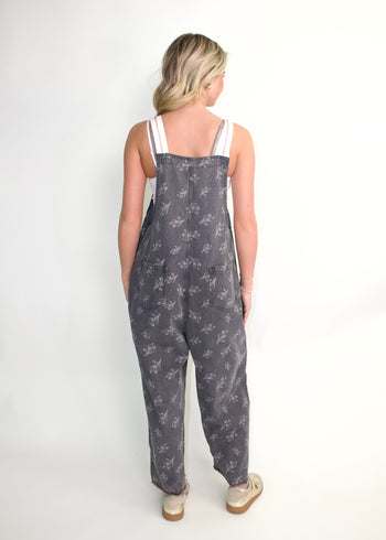 Easel OVERSIZED Denim Floral Printed Overalls in Black Denim