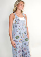 Easel Signature Floral Print Terry Knit Jumpsuit in Washed Denim