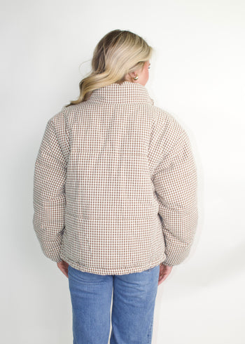 Le Lis Gingham Puffer Jacket in Brown-Cream Gingham
