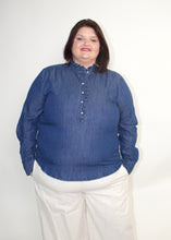 Load image into Gallery viewer, STITCH &amp; Co. Button Down Top with Ruffles and Smocked Details in Medium Denim
