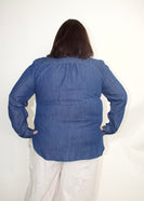 STITCH & Co. Button Down Top with Ruffles and Smocked Details in Medium Denim