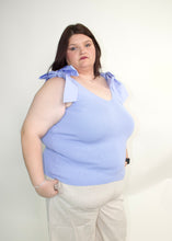 Load image into Gallery viewer, STITCH &amp; Co. Woven Knit Ribbed Top with Bow Detail in Light Blue
