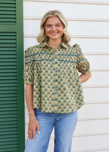 FATE Floral Print Top with Contrasting Piping Accent in Teal Green Multi