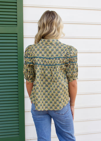 FATE Floral Print Top with Contrasting Piping Accent in Teal Green Multi