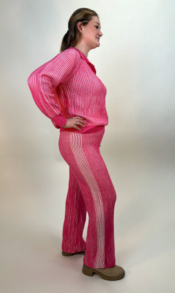 BiBi Two Toned Textured Ribbed Knit Sweater and Pants Set in Pink/Ivory