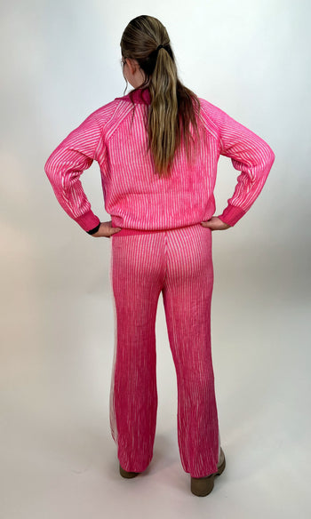 BiBi Two Toned Textured Ribbed Knit Sweater and Pants Set in Pink/Ivory