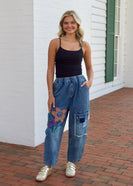 J.nna Denim Mineral Washed Flower Patched Pants in Dark Denim