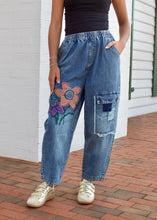 Load image into Gallery viewer, J.nna Denim Mineral Washed Flower Patched Pants in Dark Denim
