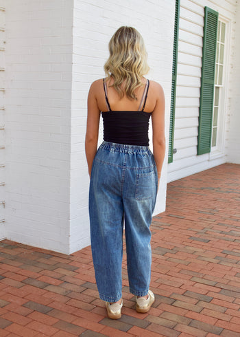 J.nna Denim Mineral Washed Flower Patched Pants in Dark Denim