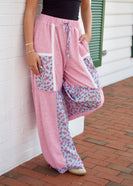 Davi & Dani Color Block Waffle Knit and Floral Print Pants in Pink Multi