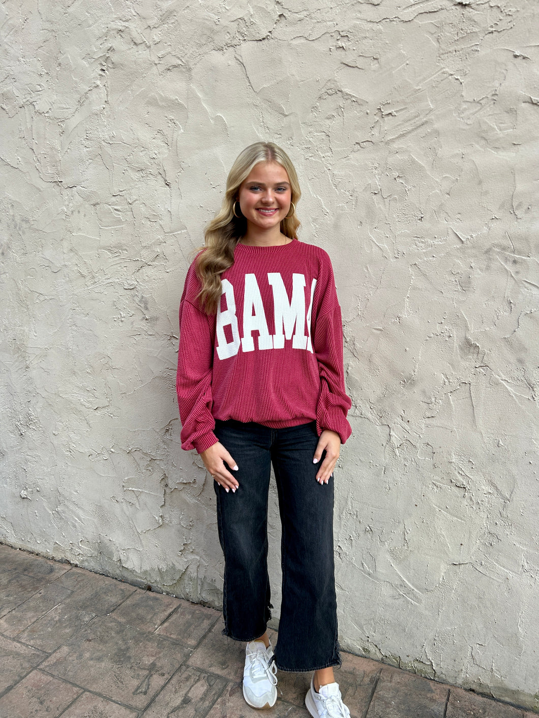 BucketList Oversized Ribbed BAMA Print Top in Crimson