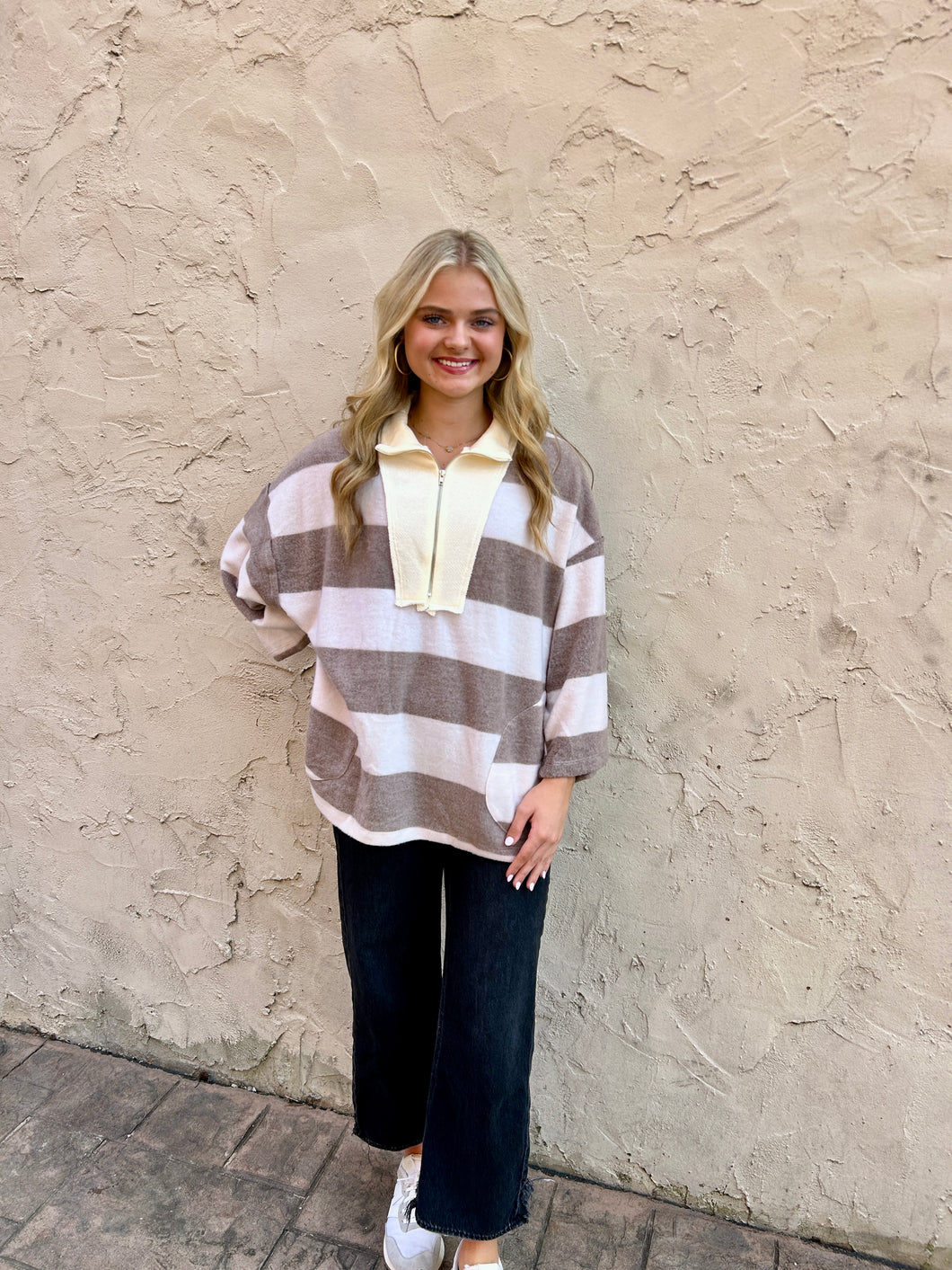 BucketList Half Zip Striped Brushed Knit Pullover Top in Brown/Cream