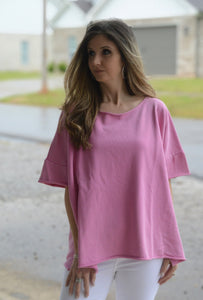 Easel Solid Color Terry Knit Top with Raw Cut Details in Malibu Pink Shirts & Tops Easel   