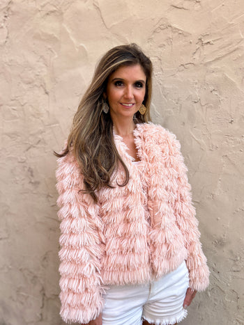 Peach Love Open Front Fur Jacket in Baby Pink